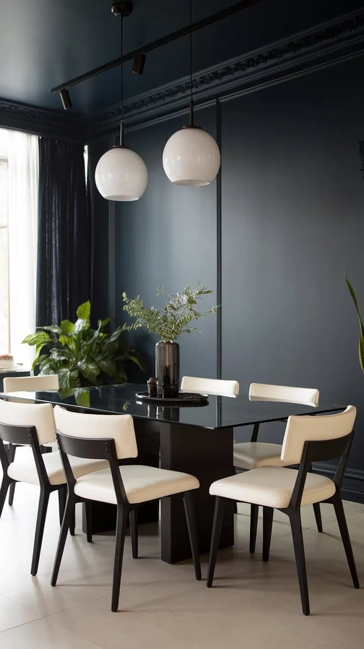 Sophisticated dining, redefined. The deep navy walls create a dramatic backdrop for the sleek black glass table and crisp white chairs, illuminated by the minimalist pendant lights. A touch of greenery adds a calming contrast to this chic, modern space. A perfectly balanced atmosphere for intimate gatherings.