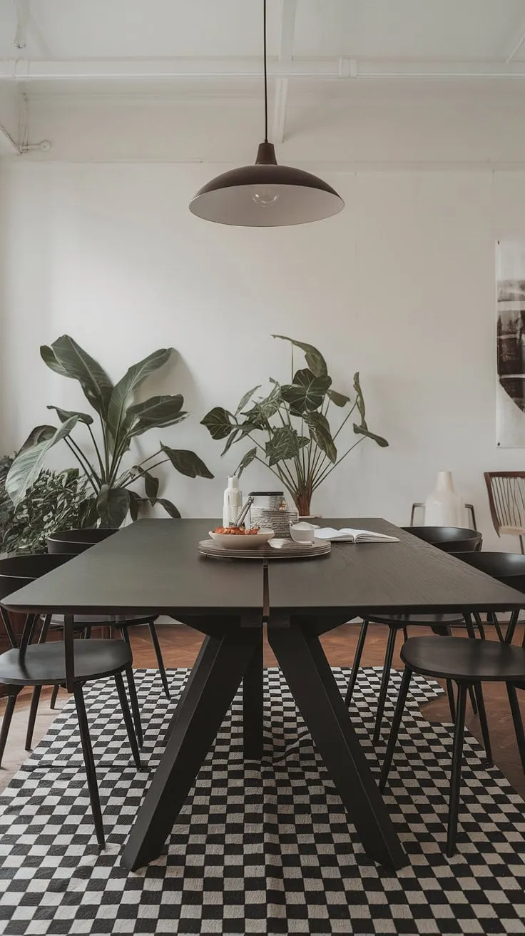 This chic dining room seamlessly blends dark and light elements. The dramatic black dining table, with its rich wooden extension leaf ready for guests, is the focal point, beautifully set against the crisp white walls and the playful black and white checkered floor. A simple potted plant completes the sophisticated ambiance.
