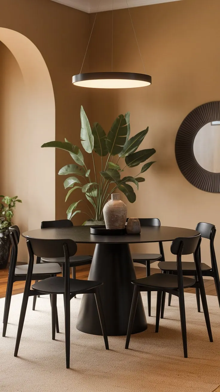 Sophisticated simplicity defines this dining space. The sleek black table, complemented by the warm beige walls and plush rug, creates a calming yet stylish atmosphere. A touch of nature, courtesy of the potted plant, adds a welcoming element to this perfectly curated a room.