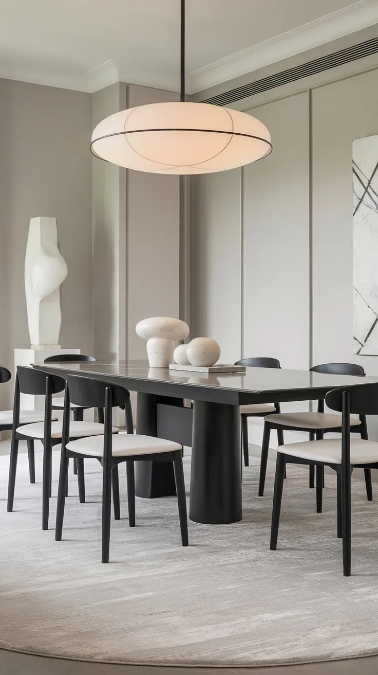 Modern minimalism meets sophisticated elegance in this dining space. The sleek black table with its white marble top, paired with the plush black and white chairs, creates a dramatic yet inviting atmosphere. A statement white sculpture adds a touch of artistry, perfectly complementing the clean lines and calming gray palette. The overall effect is one of understated luxury.