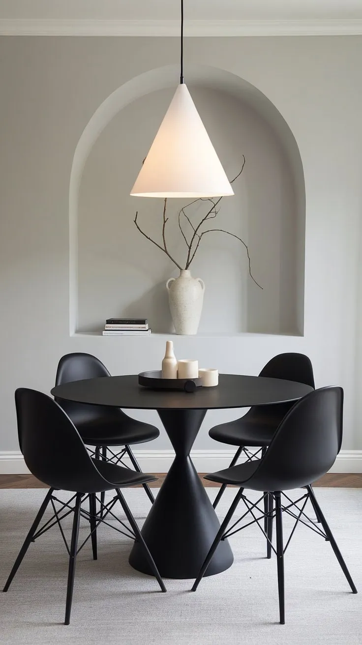 A minimalist haven for intimate gatherings, this dining room showcases the beauty of clean lines and subtle contrasts. The black table and white chairs create a visually arresting centerpiece, while the soft gray palette and triangular pendant light enhance the room's airy feel. A delicate arrangement on the wall adds a touch of organic warmth.