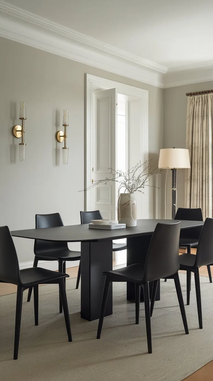 A minimalist masterpiece. The dramatic black dining set anchors this room, its curves and clean lines offset by the subtle gray walls and soft lighting. A space designed for both intimate gatherings and quiet contemplation.