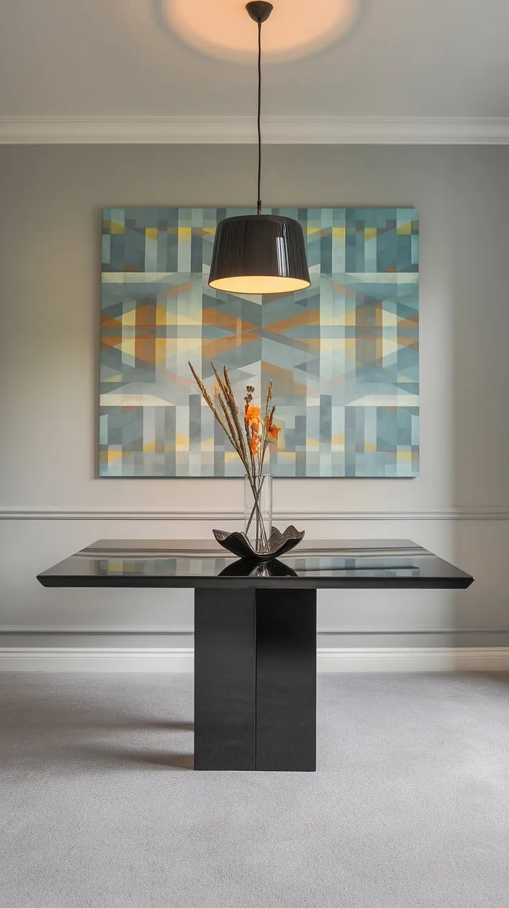 Sleek lines and bold color define this modern dining space. The glossy black table, illuminated by a minimalist pendant light, anchors the room, while the vibrant abstract artwork adds a playful touch against the calming gray walls. A perfect blend of sophistication and energy.