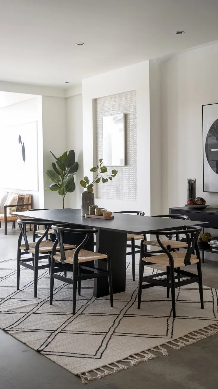 A modern sanctuary for gatherings, this dining room seamlessly blends form and function. The black dining table and chairs, accented by the white seating and geometric rug, create a visually stunning yet practical space. A touch of greenery adds a natural element to the chic design.
