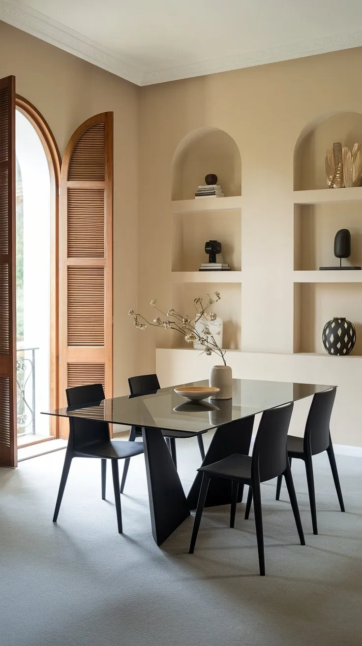 Sophisticated simplicity defines this dining space. The sleek black table and chairs, complemented by the soft beige walls and natural light streaming through the wooden shutters, create a calming yet elegant atmosphere. A perfect blend of modern design and understated luxury.