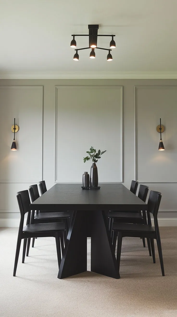 A calming neutral palette sets the stage for this modern dining room. The black dining table, a striking centerpiece, is surrounded by comfortable seating, promising relaxed meals and memorable conversations. A space designed for both style and comfort.