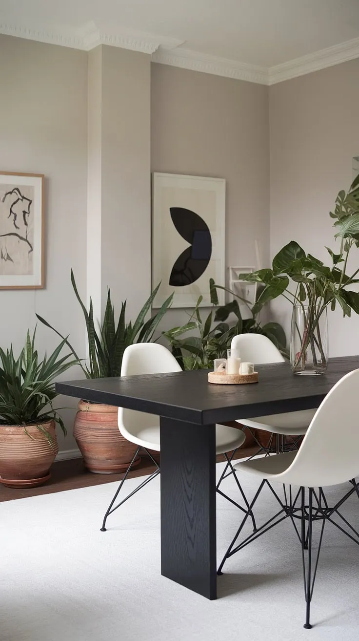 Sophisticated simplicity defines this dining space. The sleek black table, complemented by crisp white chairs and lush greenery, creates a calming yet stylish atmosphere. A perfect blend of modern design and understated elegance.