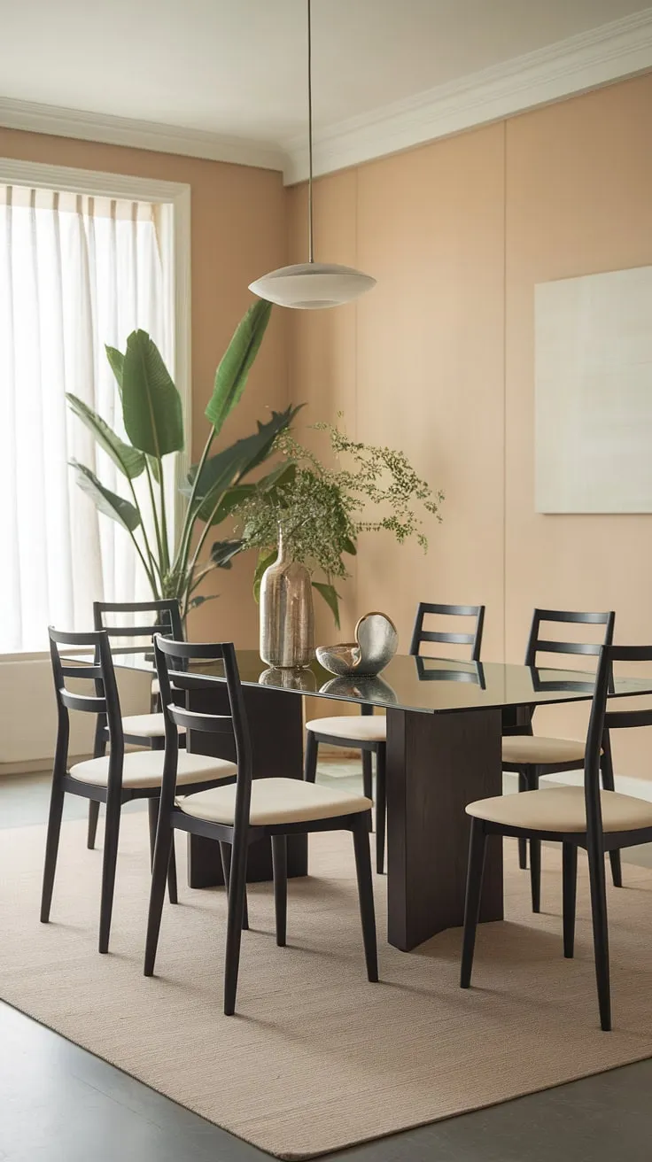 A modern dining room where elegance meets comfort. The black dining table, accented by the white cushions on the chairs, is a stunning centerpiece. The soft beige walls and plush rug create a warm and inviting ambiance, perfectly complemented by the natural light and a touch of greenery.