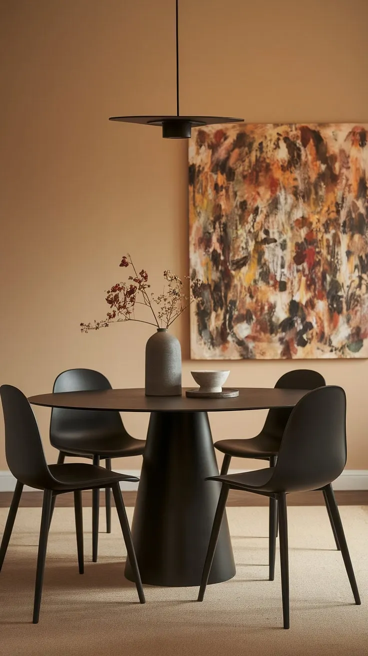 Sophisticated simplicity defines this dining space. The sleek black table and chairs, complemented by a minimalist lamp and vibrant abstract art, create a modern yet warm ambiance. The beige walls and rug tie everything together, resulting in a truly inviting area for meals and conversation. A perfect blend of style and comfort.