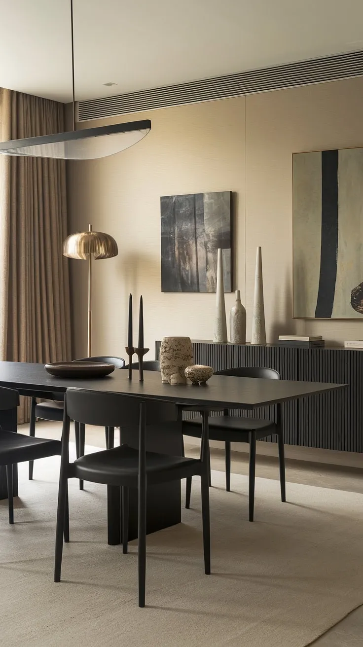 This modern dining room is a study in contrasts: the dark, dramatic table anchors the space, while the soft beige walls and ambient lighting create a welcoming and inviting ambiance. The carefully chosen accessories add personality and warmth, making it a truly special place to dine.
