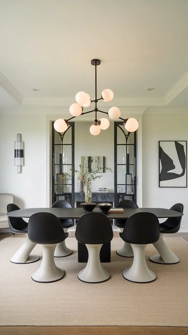 This modern chic dining room is the epitome of understated luxury. The black dining table, paired with its light grey-based chairs, is a stunning centerpiece, beautifully illuminated by the unique chandelier. A beige rug anchors the space, while subtle wall décor adds personality. A perfect setting for memorable meals and gatherings.