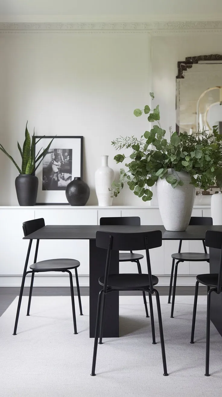 This chic dining room effortlessly combines modern aesthetics with a touch of nature. The black dining table and chairs, punctuated by the vibrant green plants in a white vase, create a visually striking yet inviting space. A carefully curated selection of décor pieces completes the look, resulting in a sophisticated and calming ambiance.