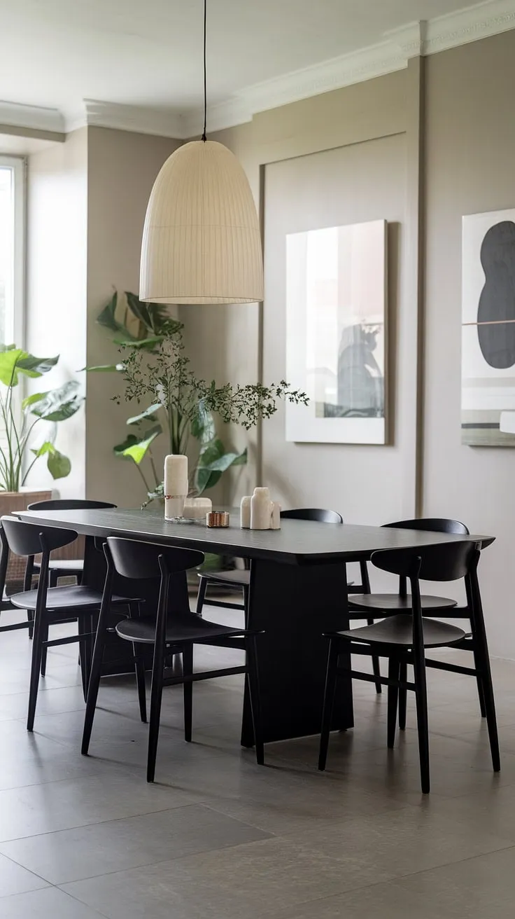 A modern dining room where style meets comfort. The dark wood table and black chairs offer a dramatic contrast against the light gray walls and flooring, while the hanging lamp and potted plant add warmth and personality. A space designed for both intimate gatherings and quiet contemplation.