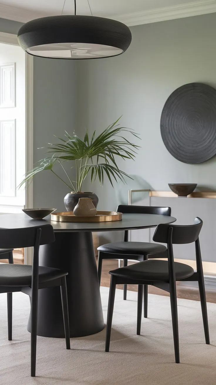Sophisticated simplicity defines this dining space. The sleek black table, accented by the soft gray walls and a statement pendant light, creates a modern ambiance perfect for intimate gatherings. A touch of greenery and carefully chosen accessories add warmth and personality.