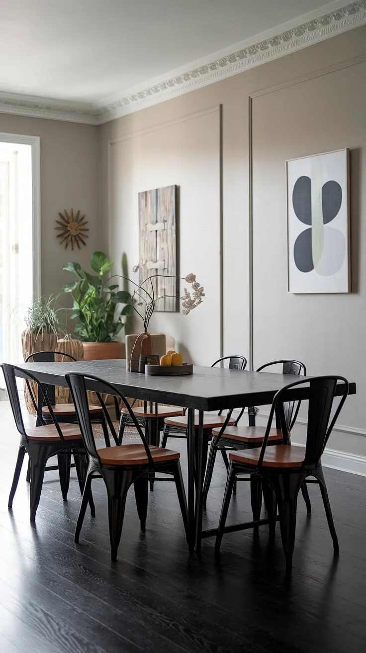 A study in contrasts: the dark, elongated dining table anchors this space, while the light grey walls and wooden chair seats add warmth and texture. A touch of greenery and modern art elevate the ambiance, creating a dining area that's both stylish and comfortable.
