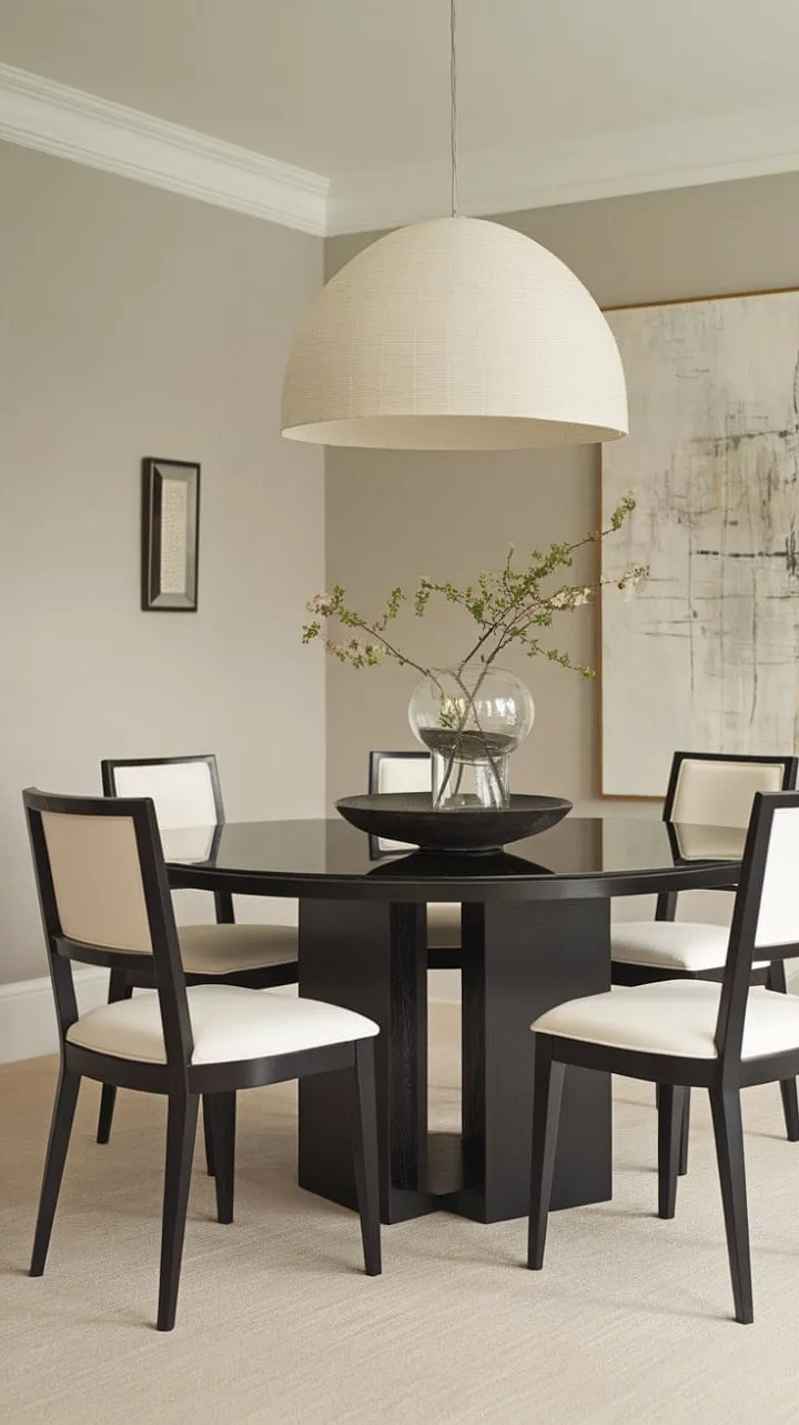 This dining room exudes effortless chic with its sleek black glass table, contrasting upholstered chairs, and warm beige carpet, all beautifully illuminated by a striking white pendant lamp.