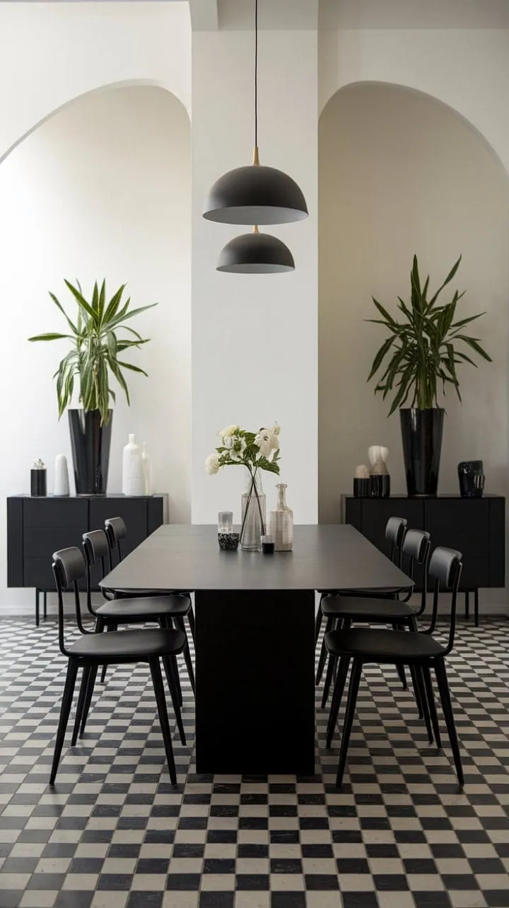 This chic dining room masterfully blends a monochrome palette with bold accents and minimalist elegance, creating a dramatic yet inviting space.