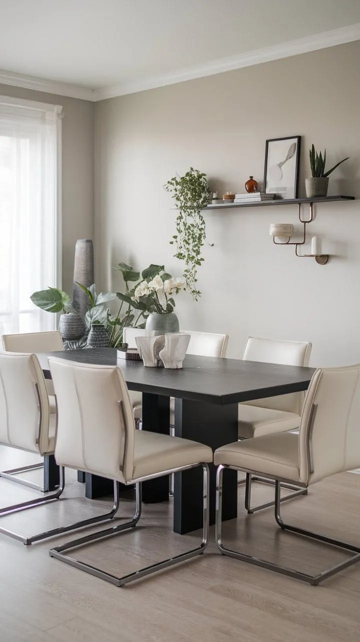 This dining space exudes understated elegance with its sleek black table, white leather chairs, and calming grey walls, creating a modern oasis for gatherings.