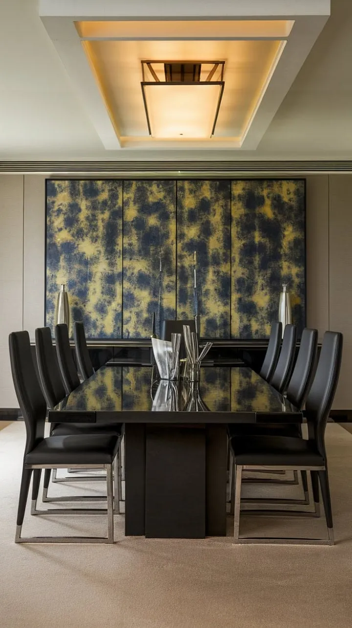 This striking dining room masterfully blends bold colors and dark elements, creating a captivating contrast that invites warmth and intrigue.