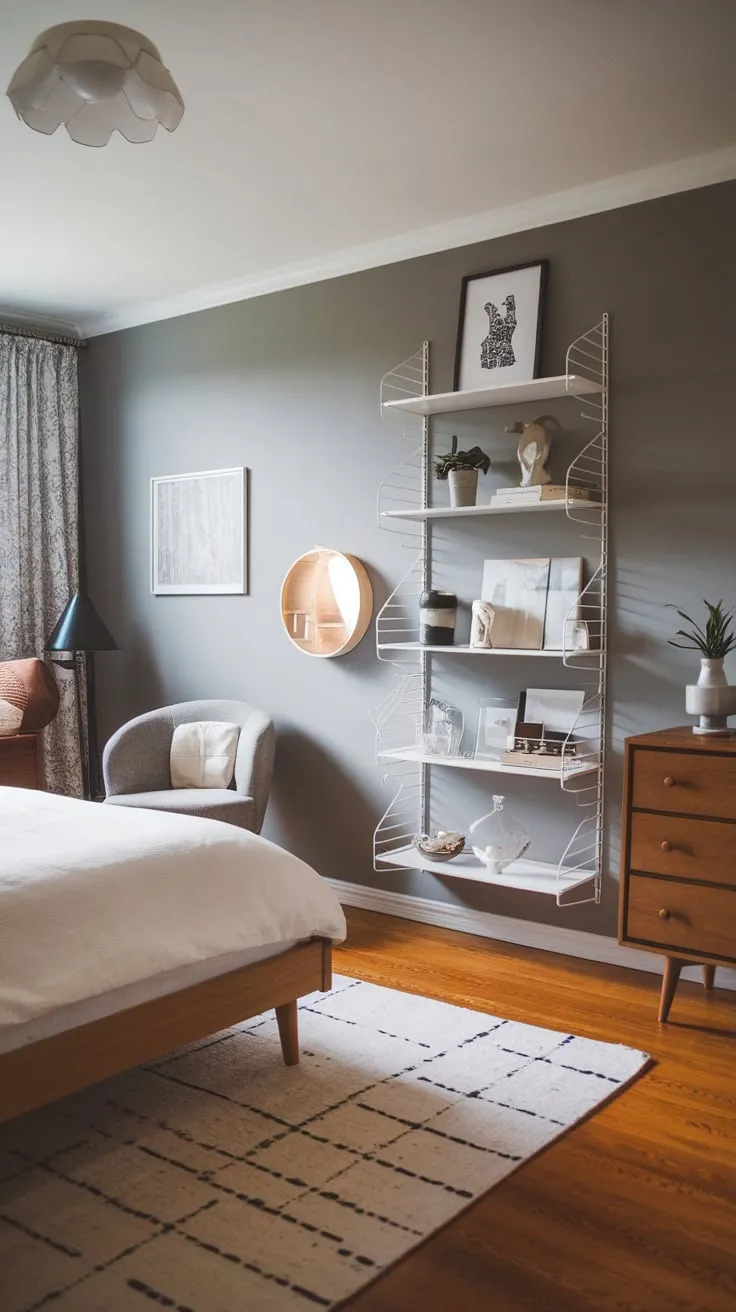 Soft lighting illuminates a cozy modern eclectic bedroom featuring a grey wall, white bed, and wooden accents.