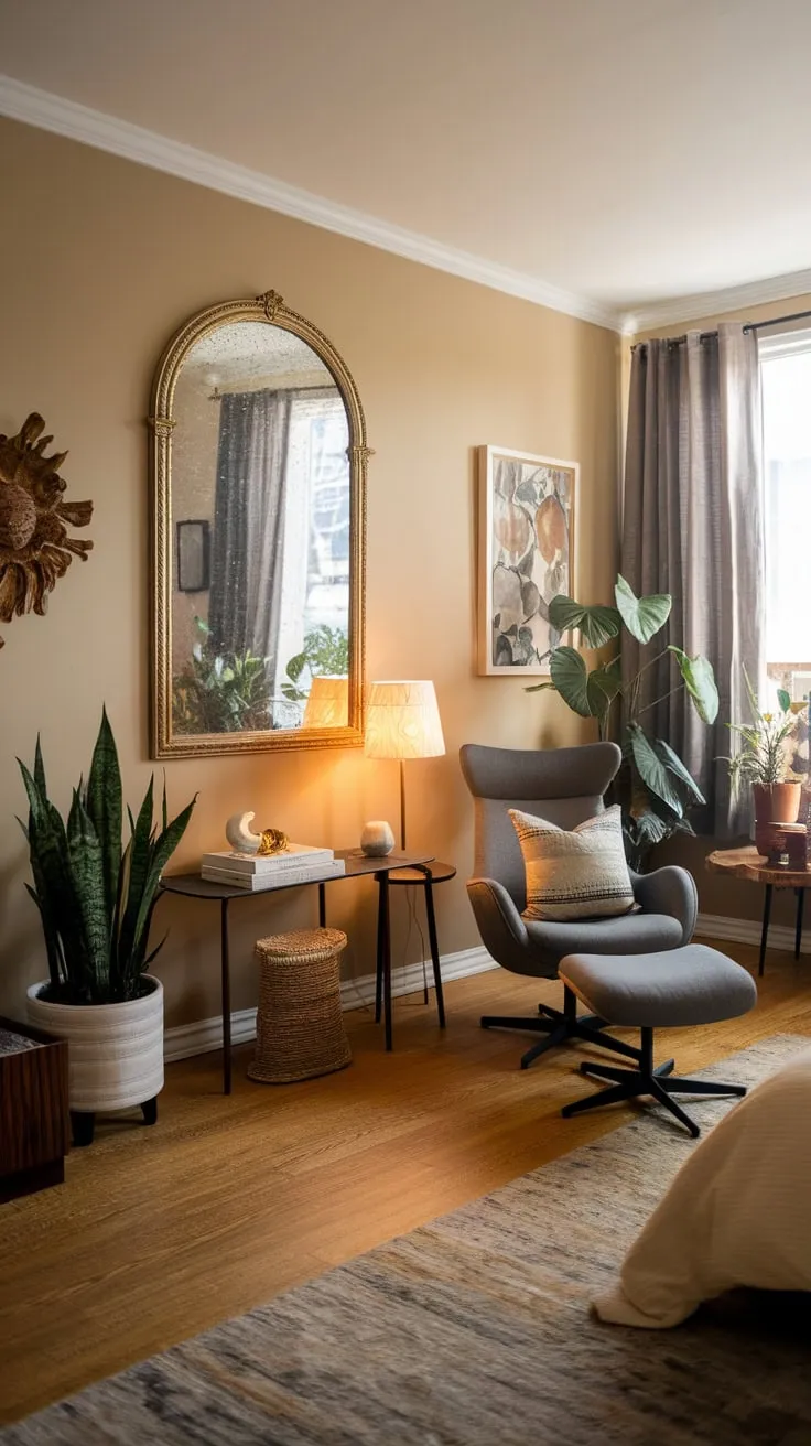 Warm lighting and eclectic furnishings create a cozy haven in this modern bedroom.