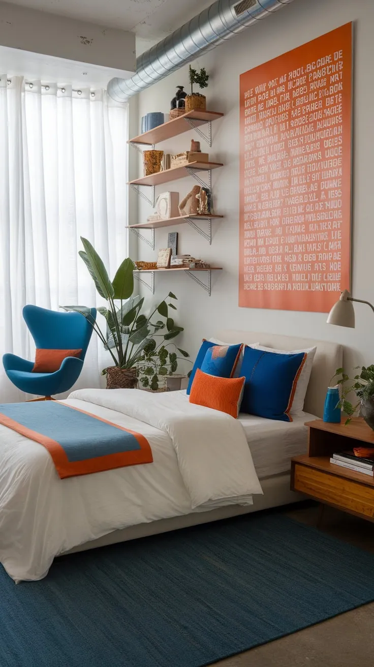 A vibrant modern eclectic bedroom blends cozy textures with bold orange and blue accents, creating a restful yet stylish space.