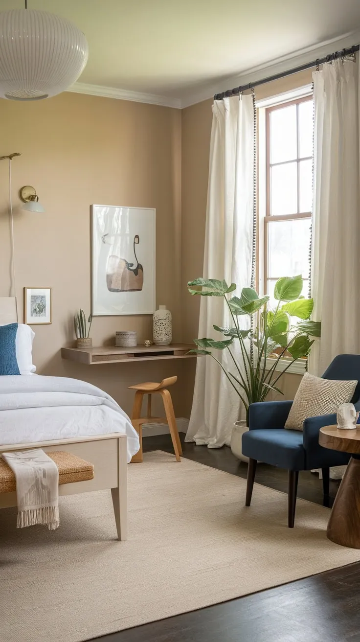 A calming modern eclectic bedroom blends beige walls, white wood furniture, pops of blue and green, and cozy textures for a relaxing retreat