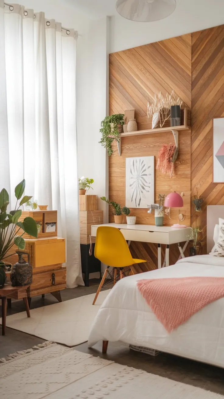 White and wood create a serene modern eclectic bedroom, accented with vibrant pops of color and natural elements.