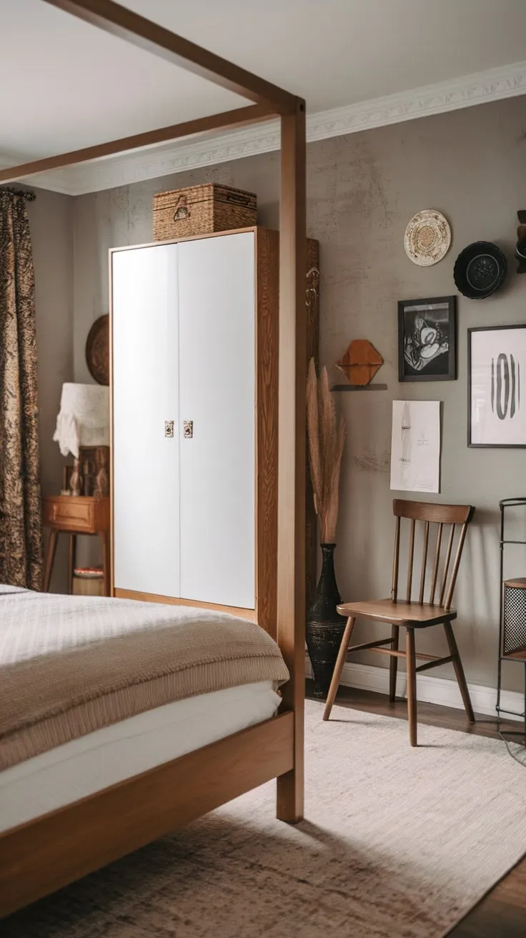 Gray walls and a beige rug complement a wooden bed, white wardrobe, and black lamp, showcasing a curated mix of textures and tones.