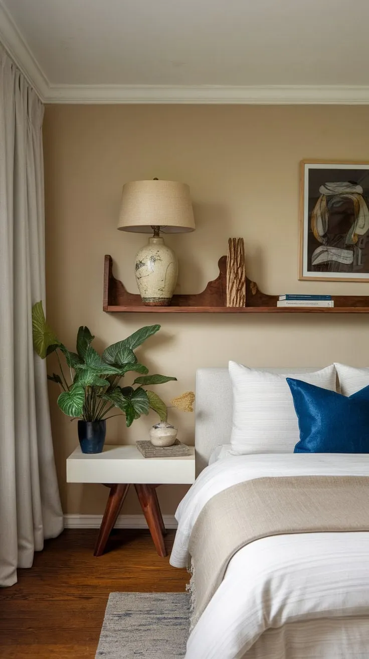 A beige-toned haven, this modern eclectic bedroom blends natural wood, calming whites, and vibrant pops of color for a restful yet stylish space.
