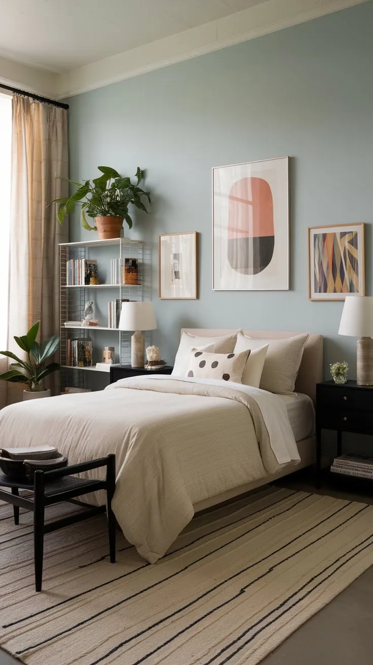 A neutral palette and carefully chosen eclectic elements create a peaceful and inviting modern bedroom sanctuary.