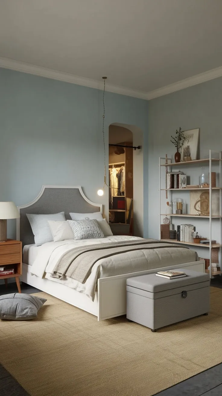 A calming blue-gray modern bedroom features a queen bed, eclectic accents, and cozy textures for a stylish retreat