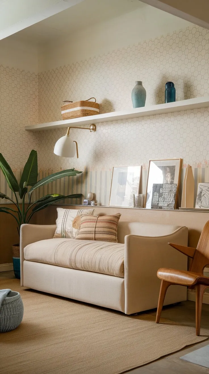 A beige sofa bed anchors a cozy modern eclectic bedroom, complemented by patterned walls, a wooden chair, and personal touches adding warmth.