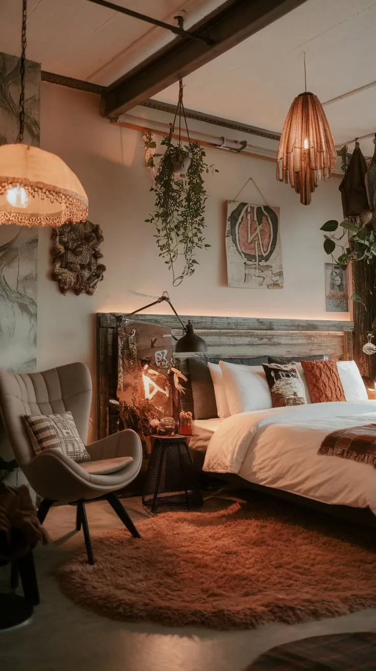 A cozy modern eclectic bedroom blends vintage charm with contemporary style, creating a warm and inviting space.