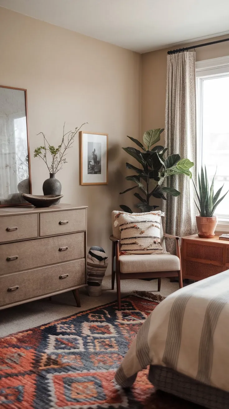 A soft beige haven blends vintage charm, mid-century modern lines, and bohemian textures for a cozy eclectic bedroom retreat