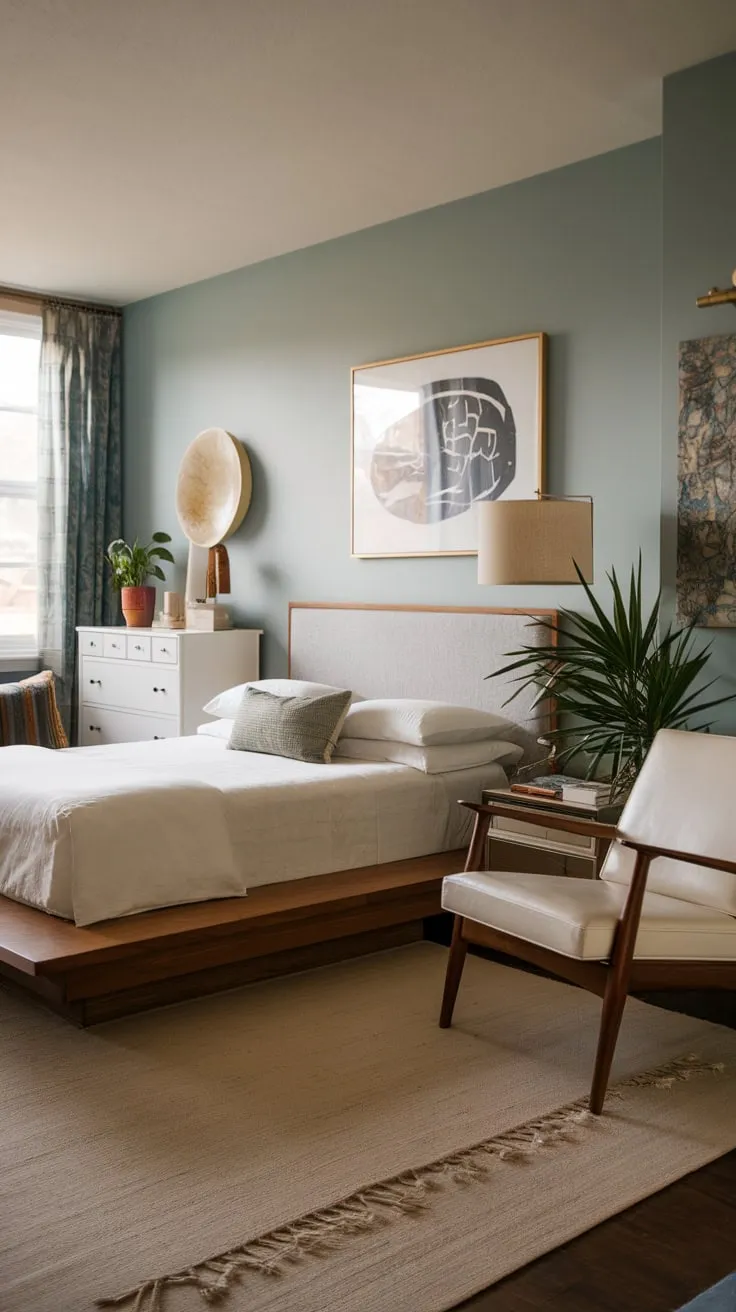 Cozy eclecticism meets modern design in a light blue bedroom, highlighted by a wooden platform bed and artistic touches for a restful atmosphere.