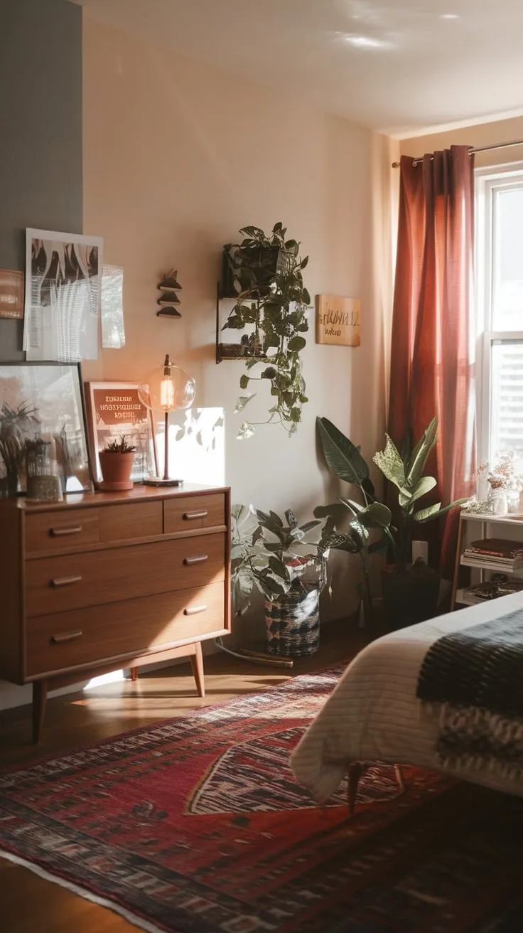 A vintage rug, mid-century dresser, and contemporary bed frame create a warm, inviting modern eclectic bedroom bathed in natural and ambient light.