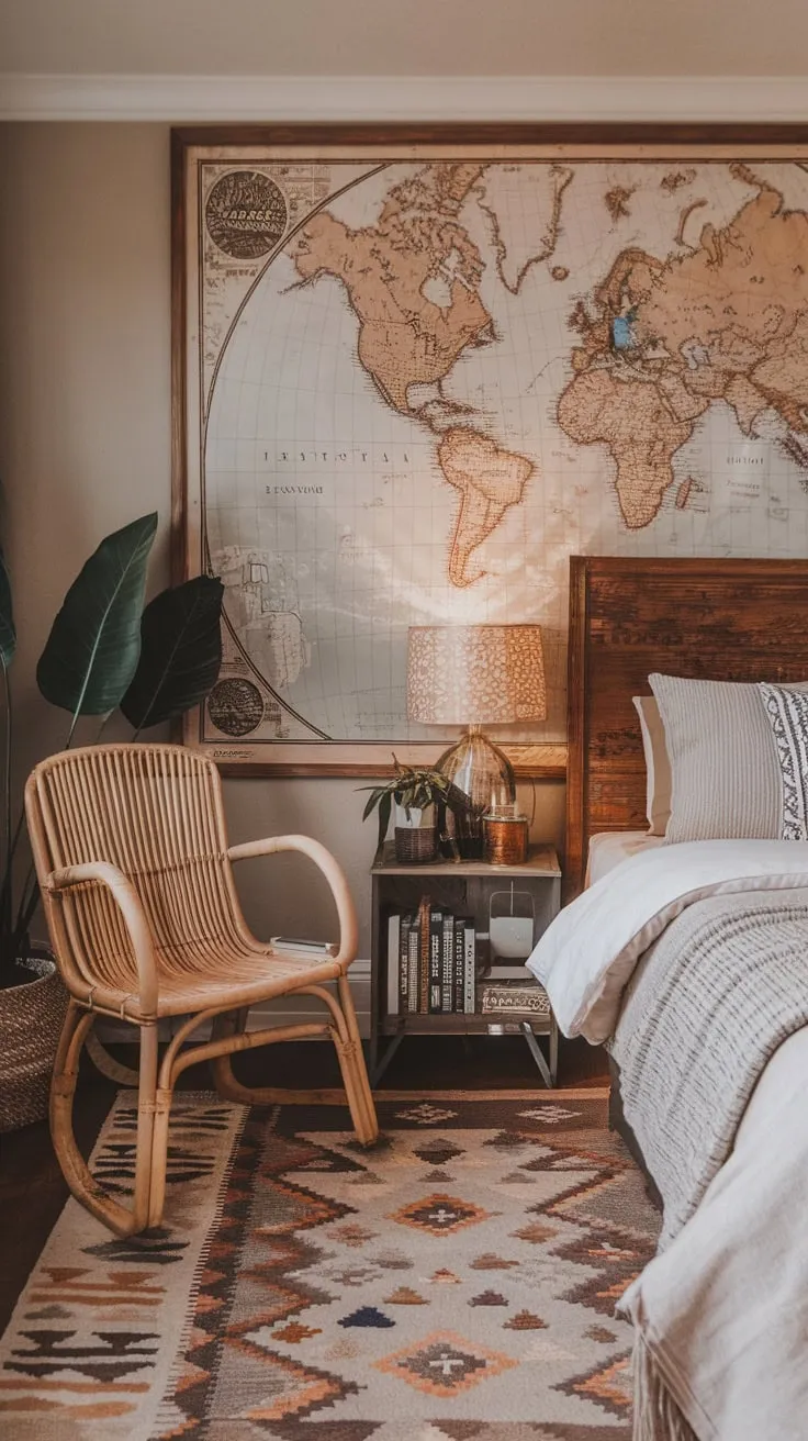 A warm neutral palette, eclectic furnishings like a rattan chair and patterned rug, and a large map create a cozy modern bedroom haven.