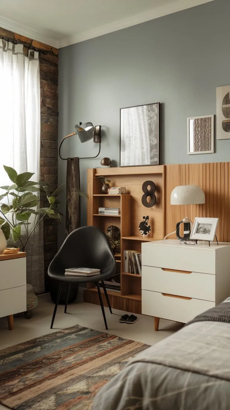 A serene light blue modern bedroom blends cozy wooden textures with eclectic accents for a uniquely personal space