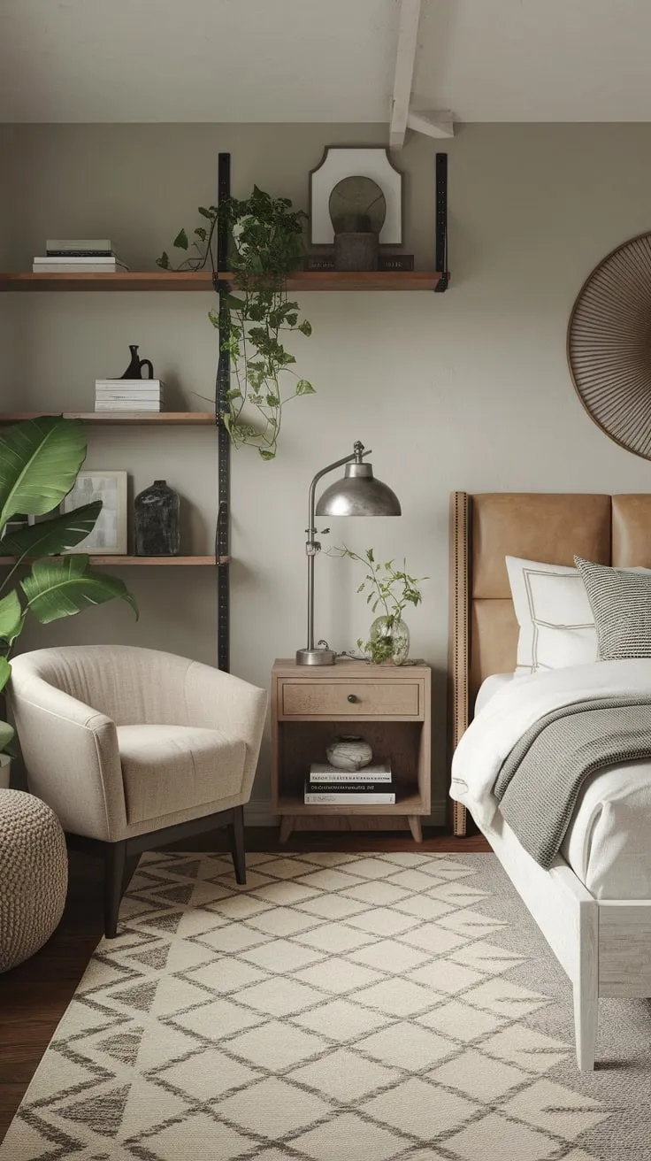 A calming modern eclectic bedroom blends beige and gray tones with natural wood, plush textures, and pops of green for a cozy retreat