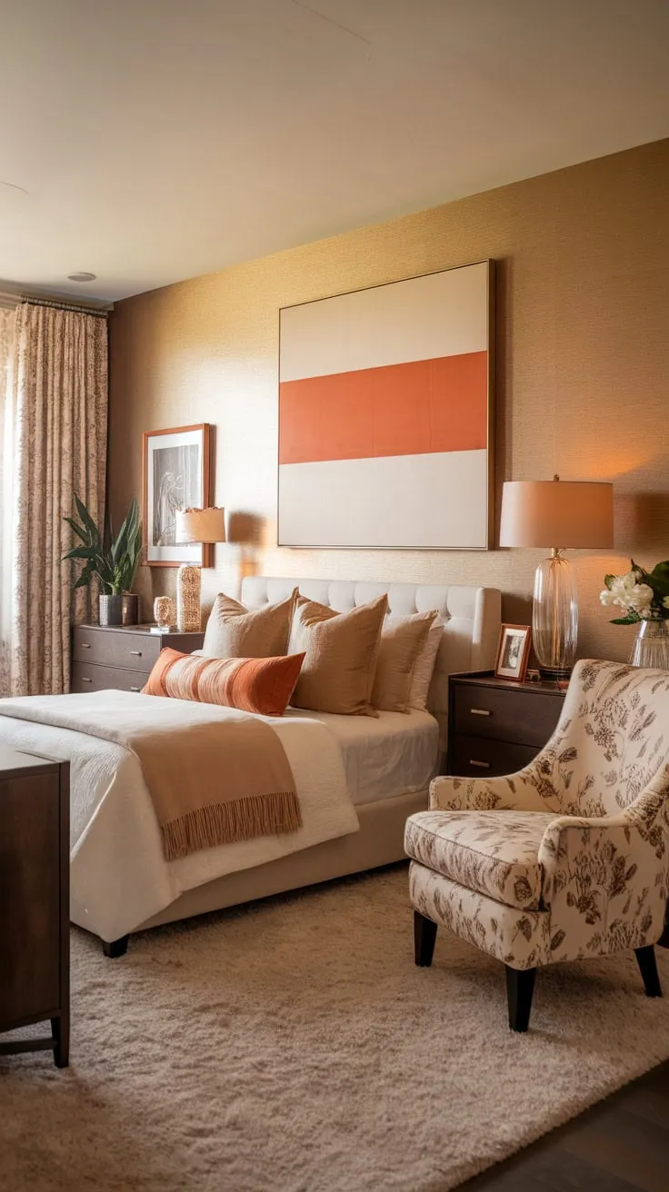Warm lighting, a plush rug, and eclectic pops of orange and beige create a cozy modern bedroom haven
