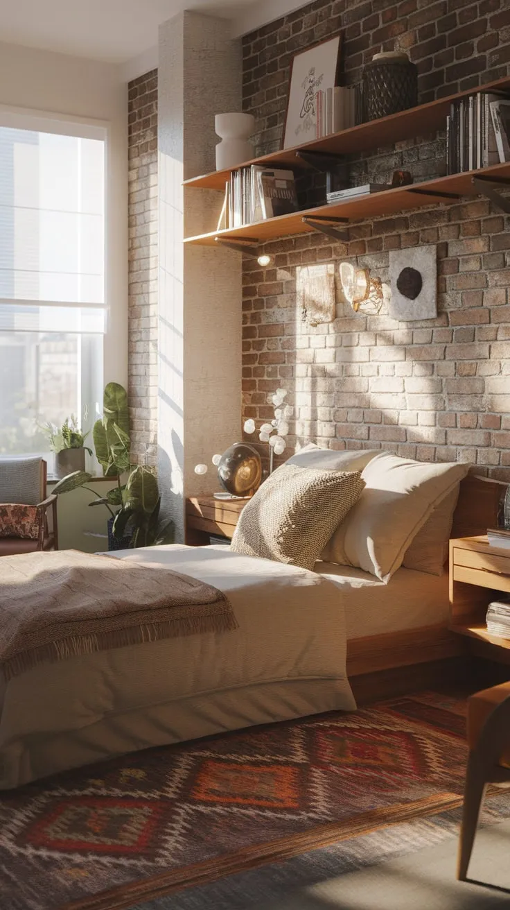 Sunlight streams into a cozy modern eclectic bedroom, highlighting a plush bed, brick wall, and eclectic furnishings.