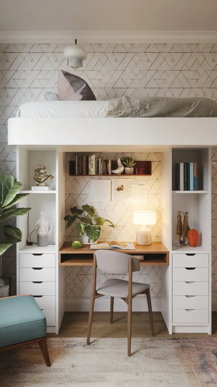 Geometric walls and a white loft bed define this cozy modern eclectic bedroom, accented with plants and a functional workspace below.