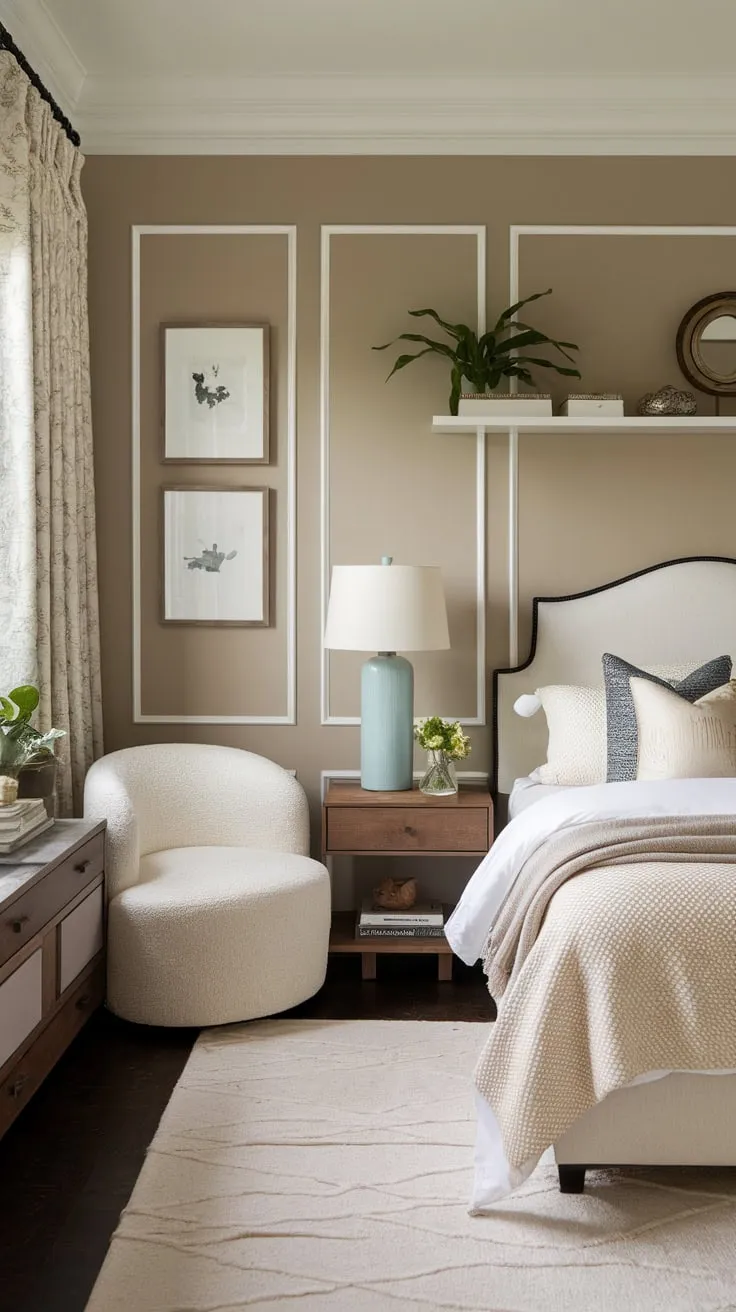 Soft lighting and curated textures create a calming, personalized haven in this modern eclectic bedroom.