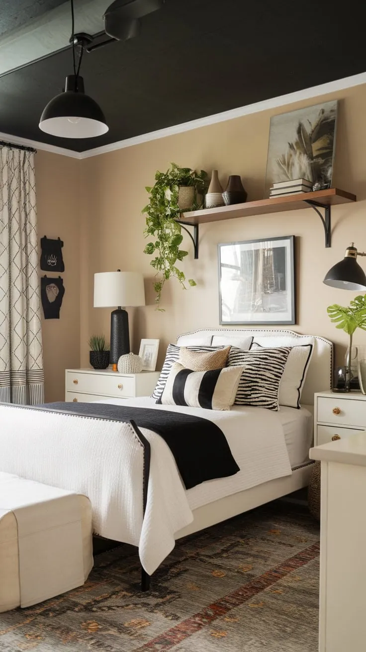A cozy modern eclectic bedroom blends beige walls and a black ceiling with patterned textiles, contrasting furniture, and personal touches for a unique and inviting space