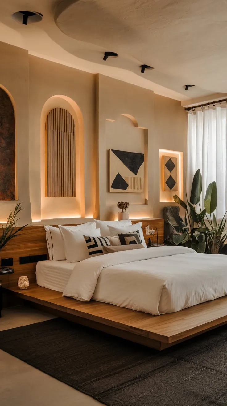 Warm lighting, geometric pillows, and a large plant create a cozy modern eclectic haven in this beige-walled bedroom.