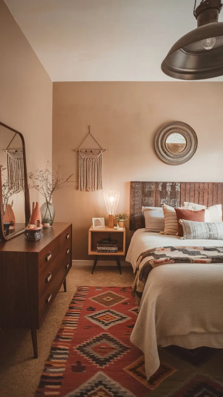 A soft beige haven blends mid-century modern, boho, and industrial styles for a cozy eclectic bedroom retreat