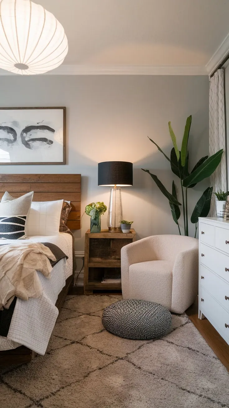 A cozy modern eclectic bedroom blends wood, gray, and white furnishings with pops of green and pattern for a relaxed yet stylish atmosphere