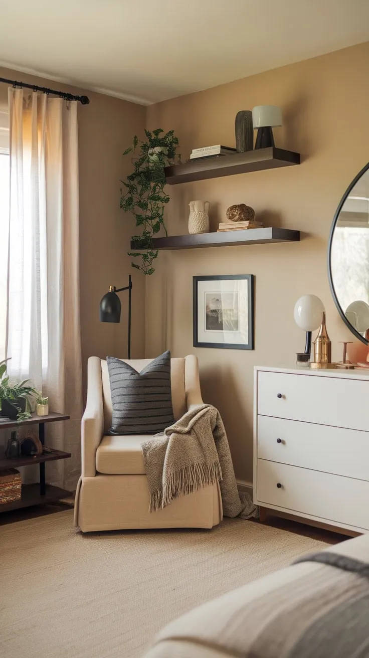 Soft lighting and a curated mix of textures create a cozy modern eclectic bedroom retreat