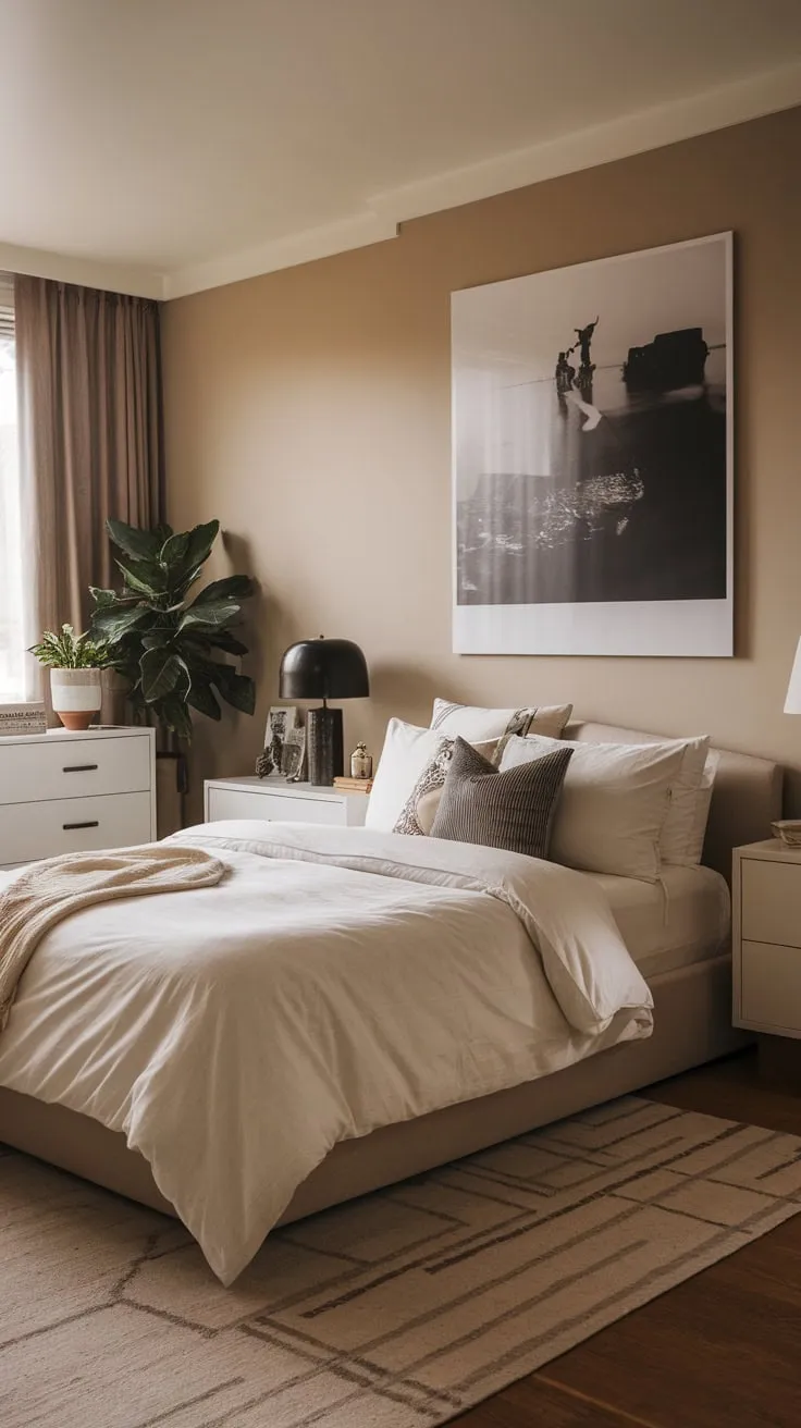Soft beige walls and a black-and-white photo highlight the calming yet stylish atmosphere of this modern eclectic bedroom.